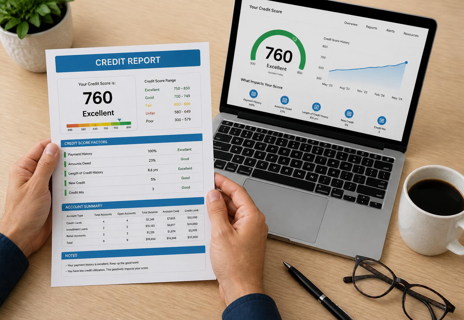 Credit report and rising credit score dashboard on a laptop