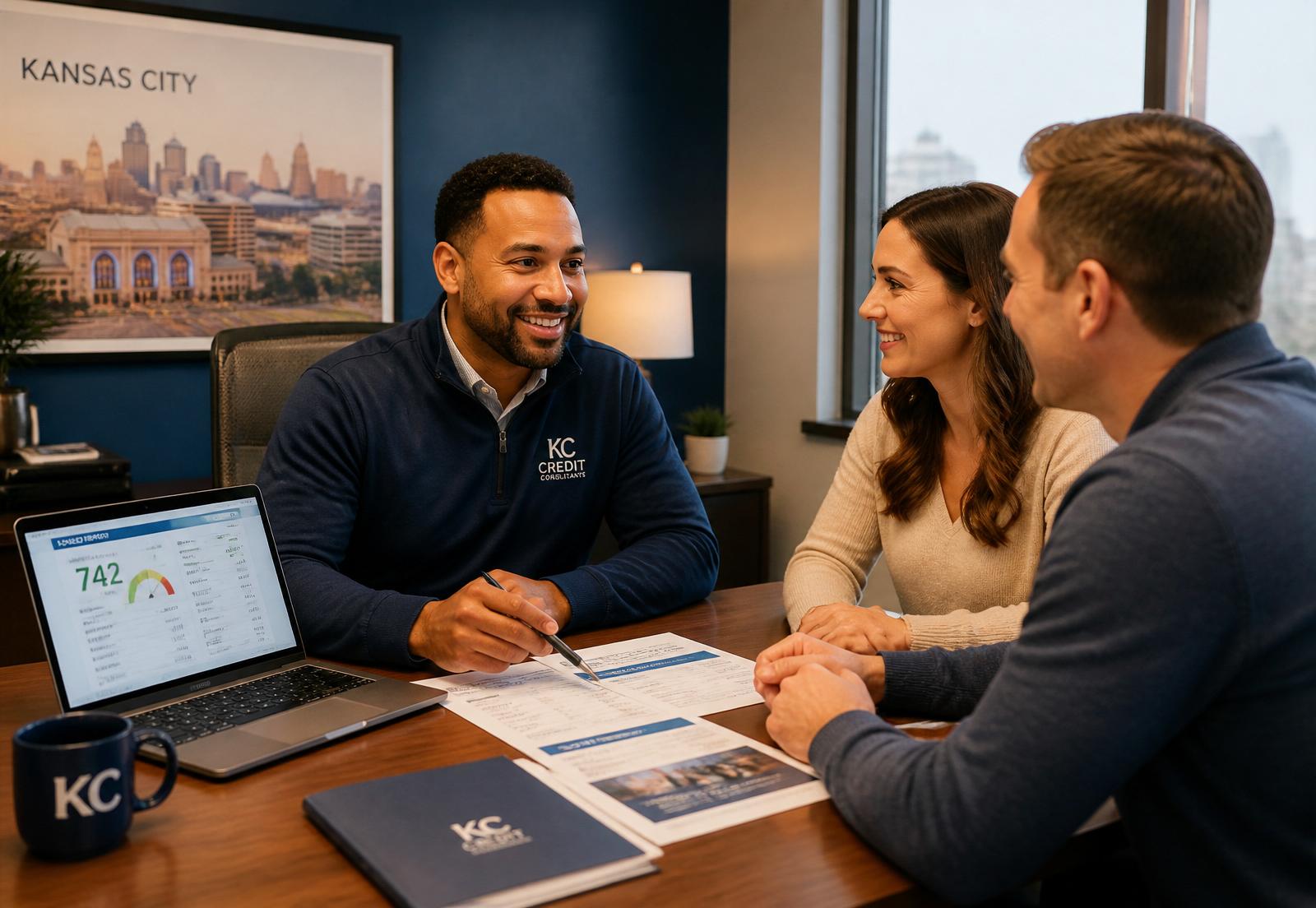 Kansas City credit consultant reviewing a credit report with a couple